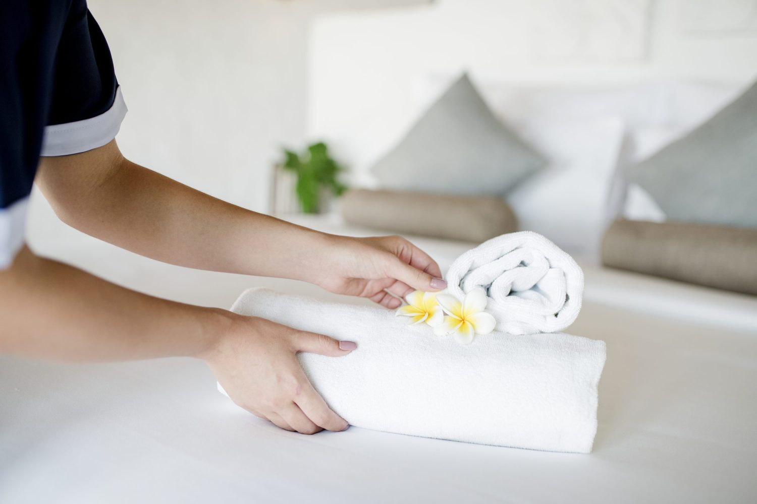Housekeeper cleaning a hotel room Housekeeper cleaning a hotel room